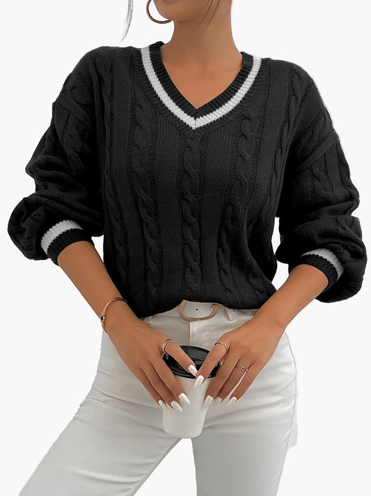 Damen Eleganter Zopfmuster-Pullover mit V-Ausschnitt – Perfekt für Büro & Freizeit