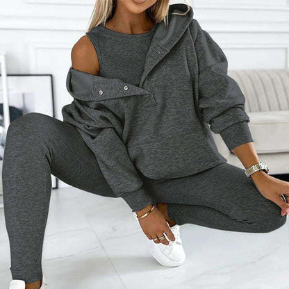 Kim – 3-teiliges Damen-Sportanzug mit lockerem Kapuzenpullover und Slim-Hosen