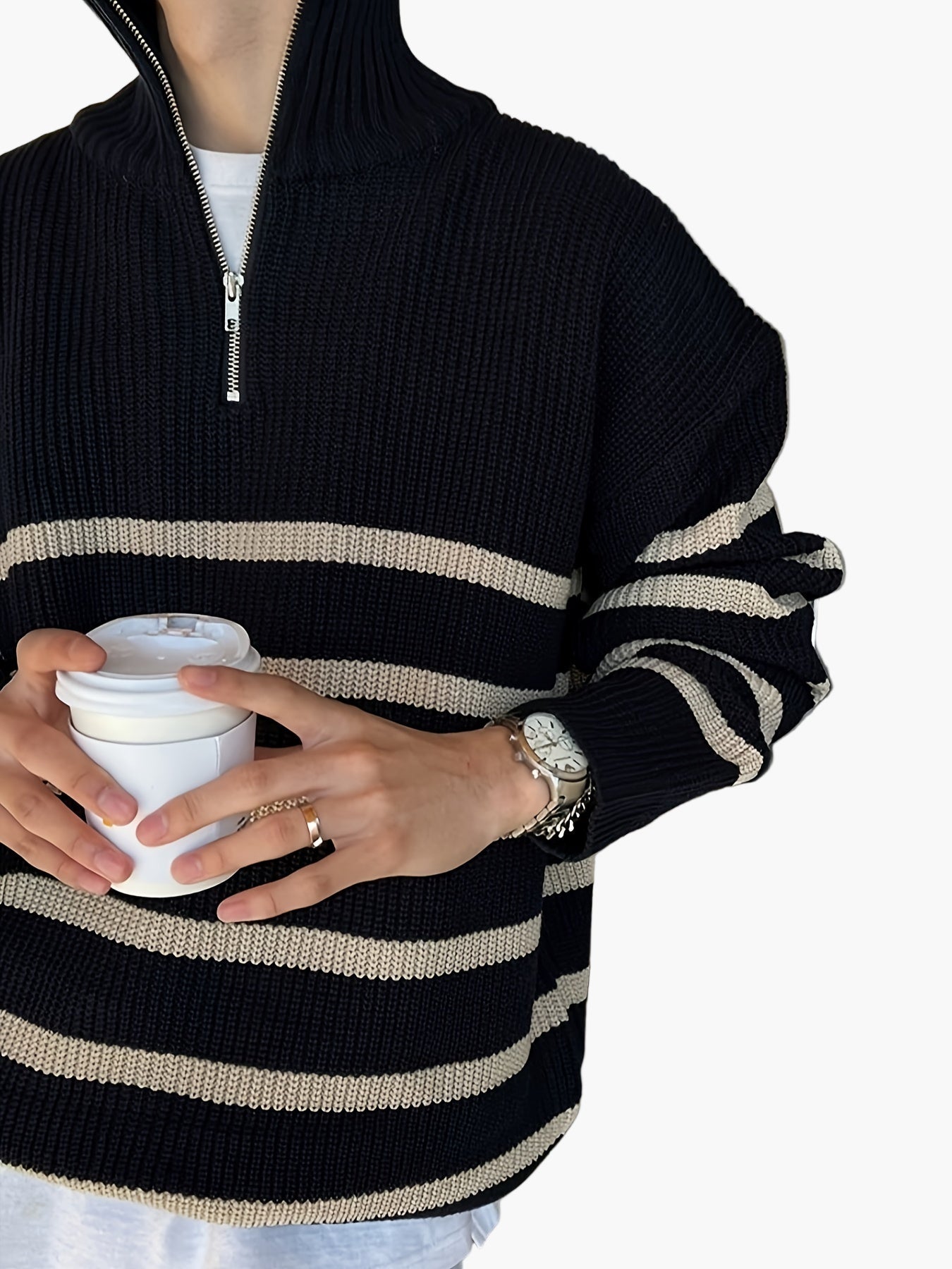 Herren Strickpullover mit Viertelreißverschluss und Streifen – Lässiger Herbst/Winter Style