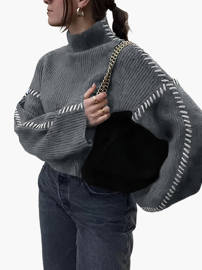 Damen Oversize-Strickpullover mit Ziernähten und Stehkragen – Modischer Herbst/Winter Sweater