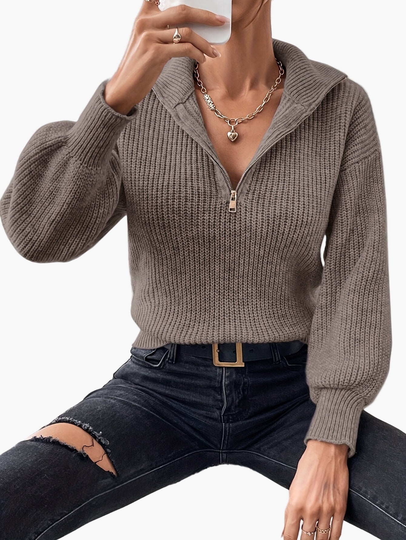 Damen Strickpullover mit Reißverschluss und lässigem Kragen – Modischer Freizeit-Look