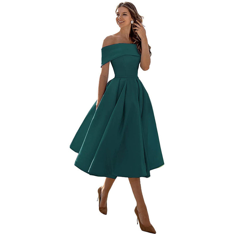Schulterfreies Sommerkleid Damen – Luftiges elegantes Satin Cocktailkleid