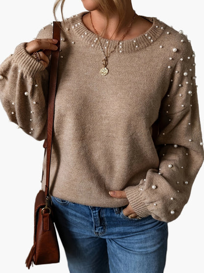 Damen Pullover Elegant mit Perlenbesatz und Ballonärmeln – Modischer Strickpullover für Alltag und Büro