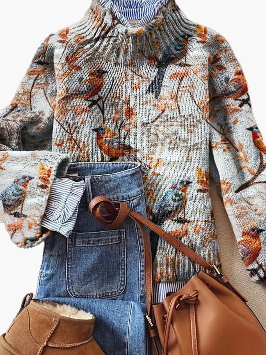 Damen Strickpullover mit Vogelmuster und hohem Kragen – Eleganter Herbst-Winter-Look