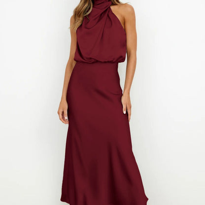 Elegantes Damen Maxikleid mit hohem Kragen – Satin-Look in Olivgrün | Ärmelloses Neckholder-Kleid