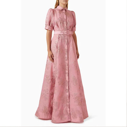 Robe longue femme élégante coupe A pour occasions spéciales – Mode de soirée chic avec ceinture et manches courtes