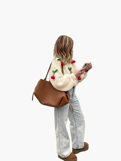 Damen Pullover mit Kirsch-Stickerei und lässigem Strick-Design – Verspielter Herbst/Winter Style