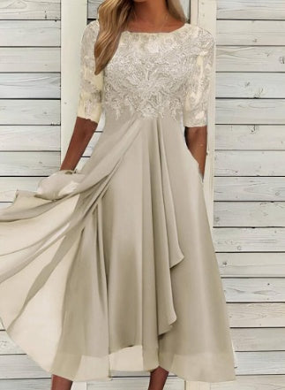 Elegantes Damen-Midikleid aus Chiffon mit Spitze und 3/4-Ärmeln – Abend- & Cocktailkleid