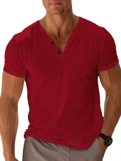 Heren slim fit V-hals shirt – Korte mouw T-shirt met knopen, zomercomfort
