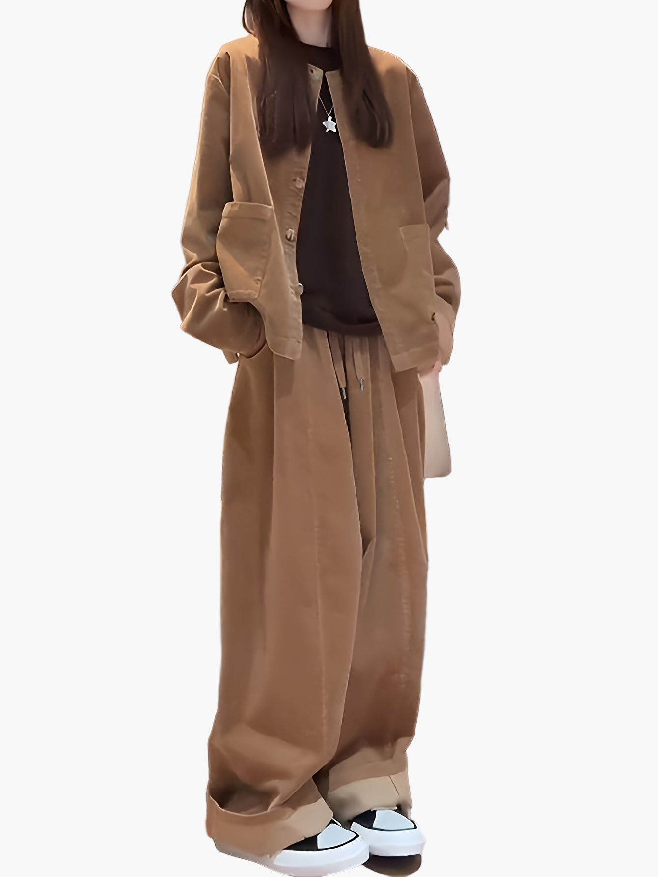 Survêtement élégant femme à jambes larges pour automne/hiver – Ensemble deux-pièces streetstyle ample