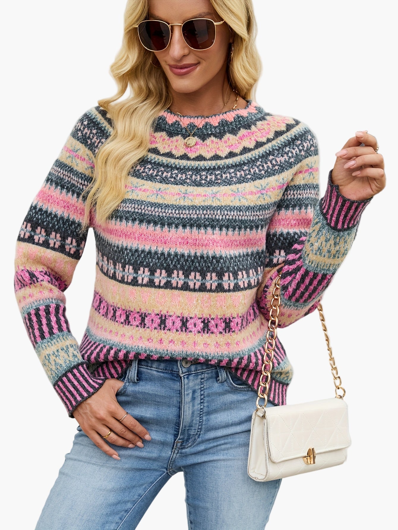 Damen Strickpullover mit skandinavischem Muster – Eleganter Winterpullover für Alltag & Freizeit