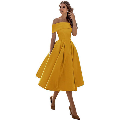 Schulterfreies Sommerkleid Damen – Luftiges elegantes Satin Cocktailkleid