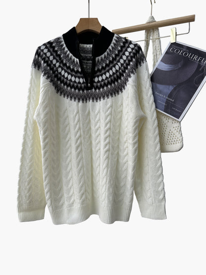 Herren Strickpullover mit Norwegermuster und Stehkragen – Modischer Winterpullover mit Zopfmuster und Reißverschluss