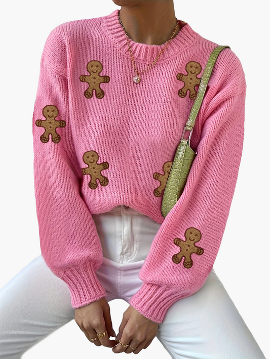 Damen Pullover mit Lebkuchenmännchen-Motiv – Verspielter Strickpulli für Herbst & Winter, Freizeit & Alltag