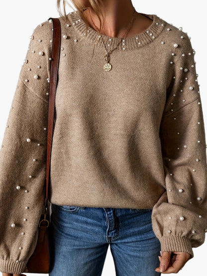 Damen Pullover Elegant mit Perlenbesatz und Ballonärmeln – Modischer Strickpullover für Alltag und Büro
