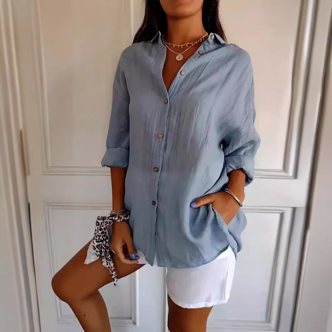 Lauren – Camisa de manga larga con solapa y plisado para mujer