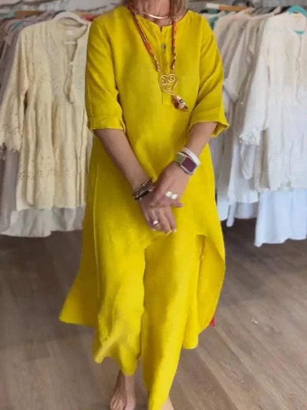 Dam - Kurta i solgult – Boho-tunika med halvlånga ärmar