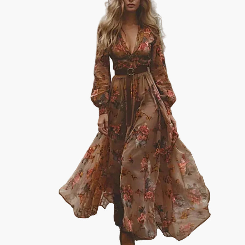 Dam boho maxiklänning med blomsterbroderi och långa ärmar – Vintage fritidsklänning för utomhus och semester