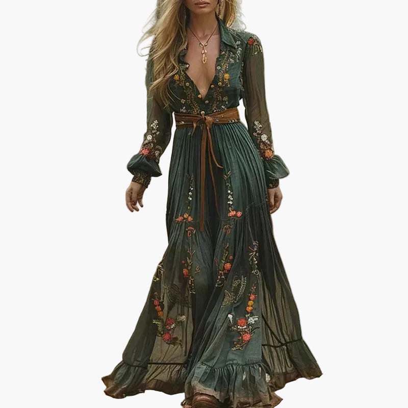 Dam boho maxiklänning med blomsterbroderi och långa ärmar – Vintage fritidsklänning för utomhus och semester