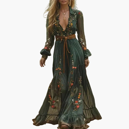 Dam boho maxiklänning med blomsterbroderi och långa ärmar – Vintage fritidsklänning för utomhus och semester