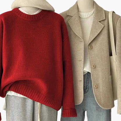 Damernas set avslappnad retro japansk stil – Stickad tröja och blazer för vardag och fritid