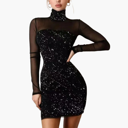 Dames elegante bodycon minijurk met sterrenpatroon en mesh-mouwen – perfect voor feestjes en speciale gelegenheden
