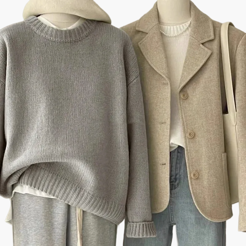 Damernas set avslappnad retro japansk stil – Stickad tröja och blazer för vardag och fritid