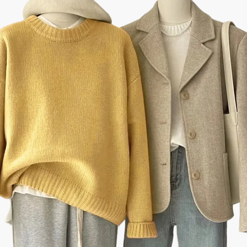 Damernas set avslappnad retro japansk stil – Stickad tröja och blazer för vardag och fritid