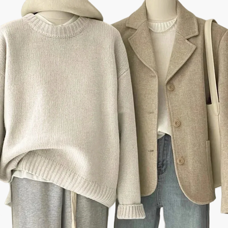 Damernas set avslappnad retro japansk stil – Stickad tröja och blazer för vardag och fritid