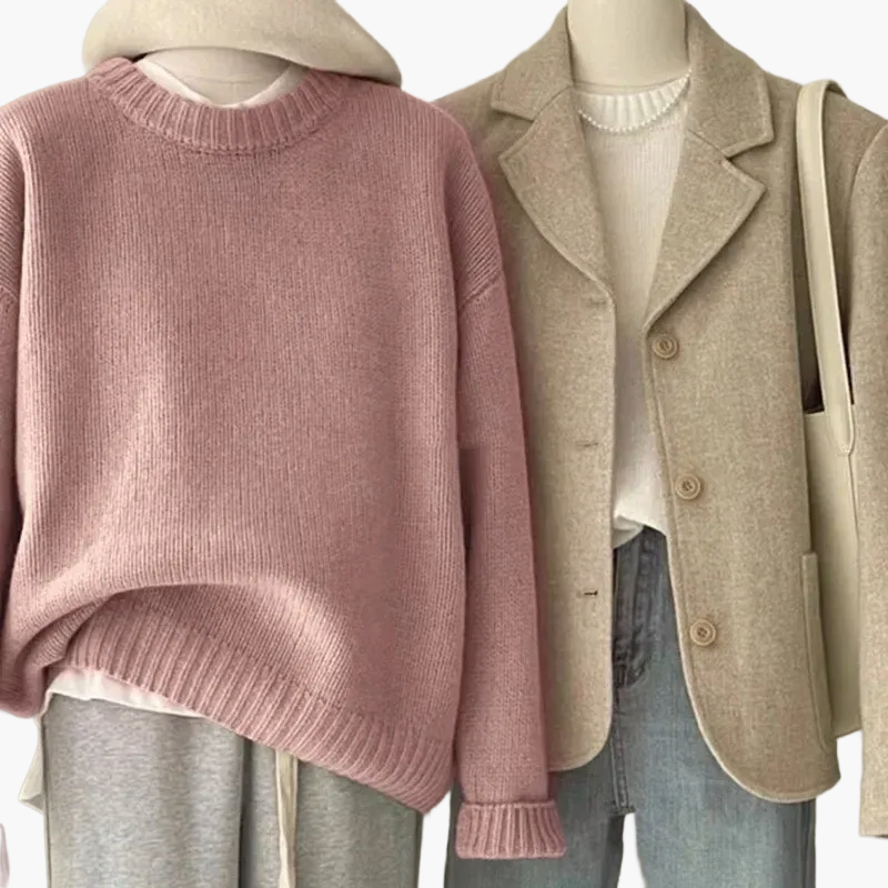 Damernas set avslappnad retro japansk stil – Stickad tröja och blazer för vardag och fritid