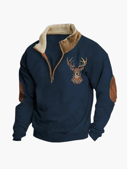 Herren Sweatshirt mit Hirschstickerei und Viertelreißverschluss – Gemütlicher Freizeitpullover für Outdoor & Alltag
