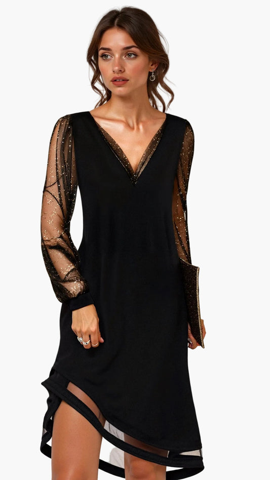 Dam Aftonklänning med transparenta glittriga ärmar och V-ringning – Elegant party- och cocktailklänning