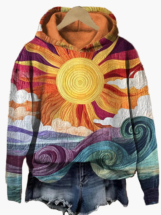 Damen Hoodie mit künstlerischem Sonnen- und Wellenmotiv – Boho Freizeitpullover für Alltag und Festival