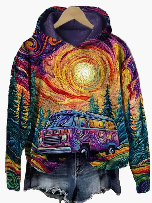 Dames hoodie vintage bus psychedelische kunst – Vrijetijdskleding & festival streetwear