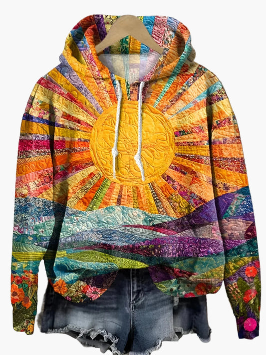 Damen Hoodie mit Sonnenaufgang-Design, Boho Stil, Freizeit Pullover für Alltag und Festival