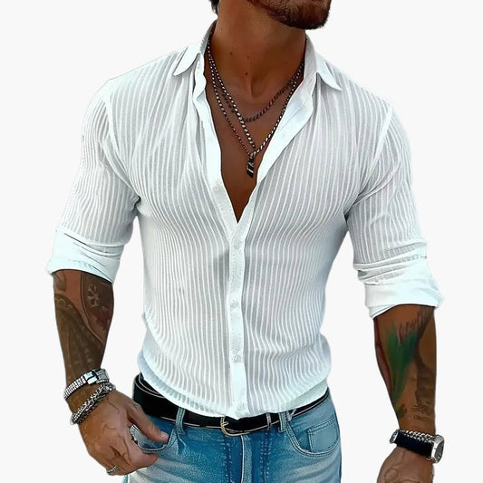 Camisa moderna de manga larga para hombre con estampado de rayas y cuello con solapa – Elegante camisa casual y de fiesta