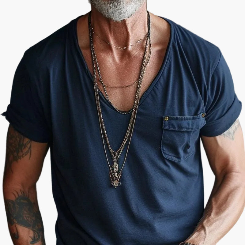 Camiseta casual vintage para hombre con escote en V y bolsillo en el pecho – Estilo urbano moderno para día a día y salidas