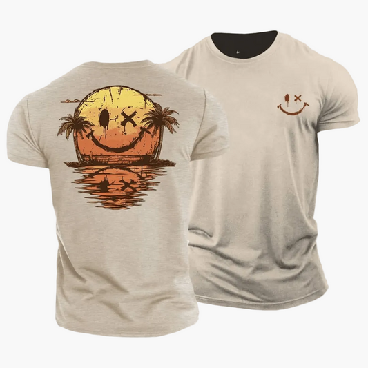 Herren T-Shirt mit Smiley Sonnenuntergang und Palmen – Freizeit & Surfer Style