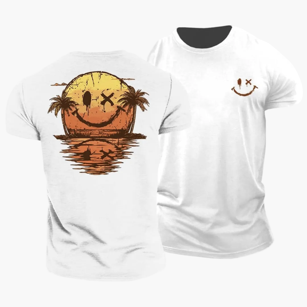 Herr T-shirt med smiley solnedgång och palmer – Fritid & surferstil