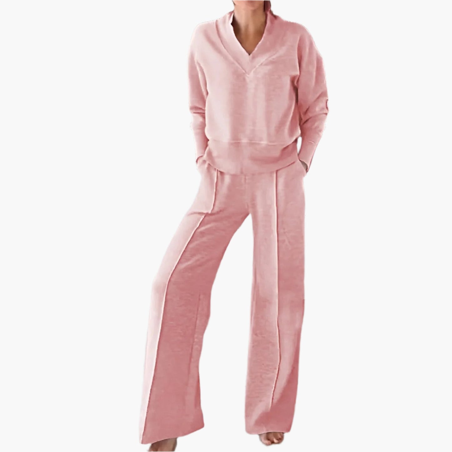 Damen Freizeit Trainingsanzug Zweiteiler – Eleganter Lounge- & Sportanzug mit weitem Bein und V-Ausschnitt