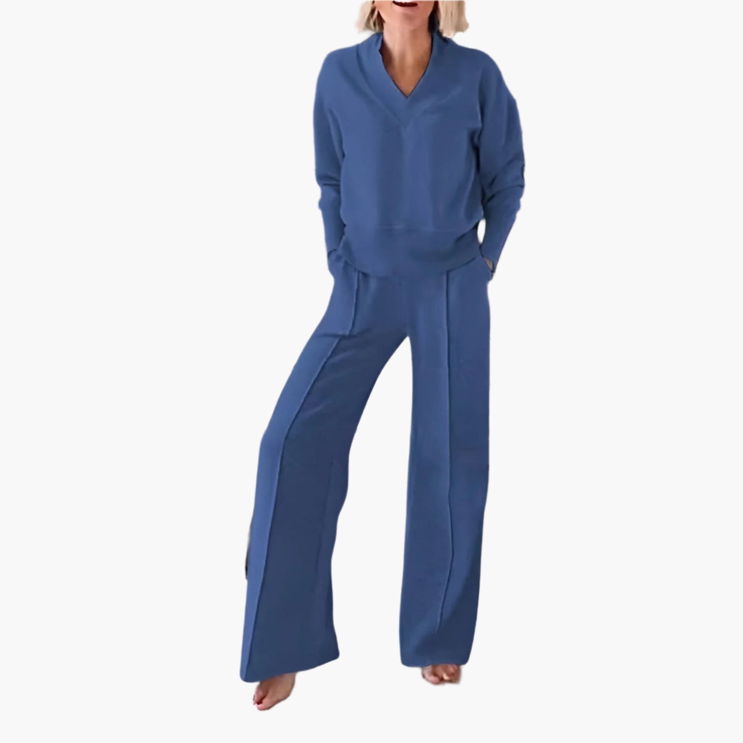 Damen Freizeit Trainingsanzug Zweiteiler – Eleganter Lounge- & Sportanzug mit weitem Bein und V-Ausschnitt