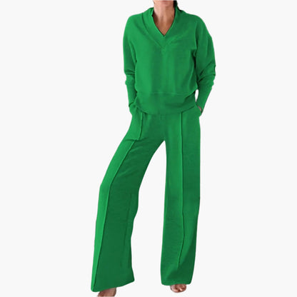 Damen Freizeit Trainingsanzug Zweiteiler – Eleganter Lounge- & Sportanzug mit weitem Bein und V-Ausschnitt