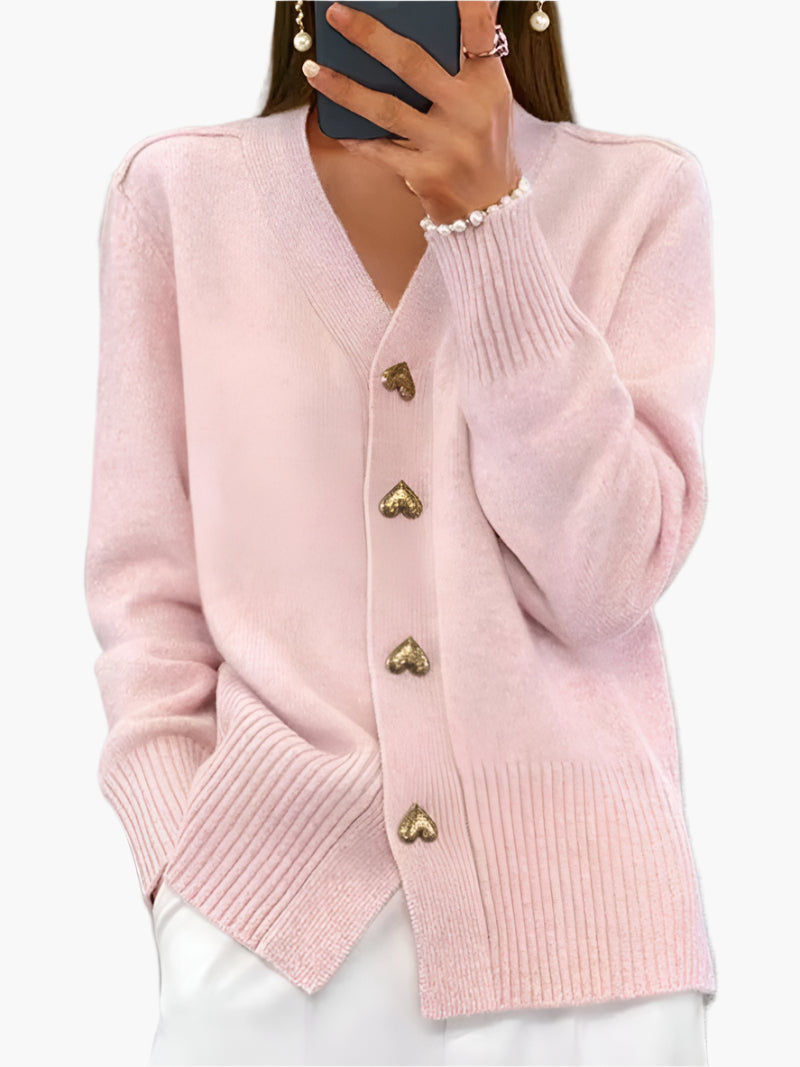 Dames Cardigan met Hartvormige Knopen – Elegante Gebreide Trui voor Dagelijks Gebruik en Kantoor