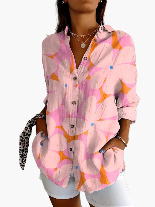 Damska koszulowa bluzka na co dzień z kwiatowym nadrukiem – swobodna bluzka z długim rękawem w stylu boho